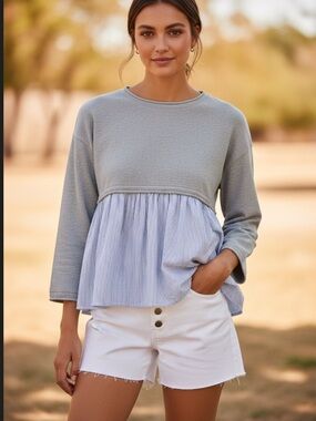 moon & madison Two-Tone Peplum Coastal Pullover